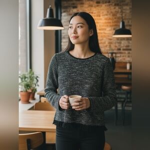 Theory Black Fringe Wool Cotton and White Textured Sweater Size Small Like NEW